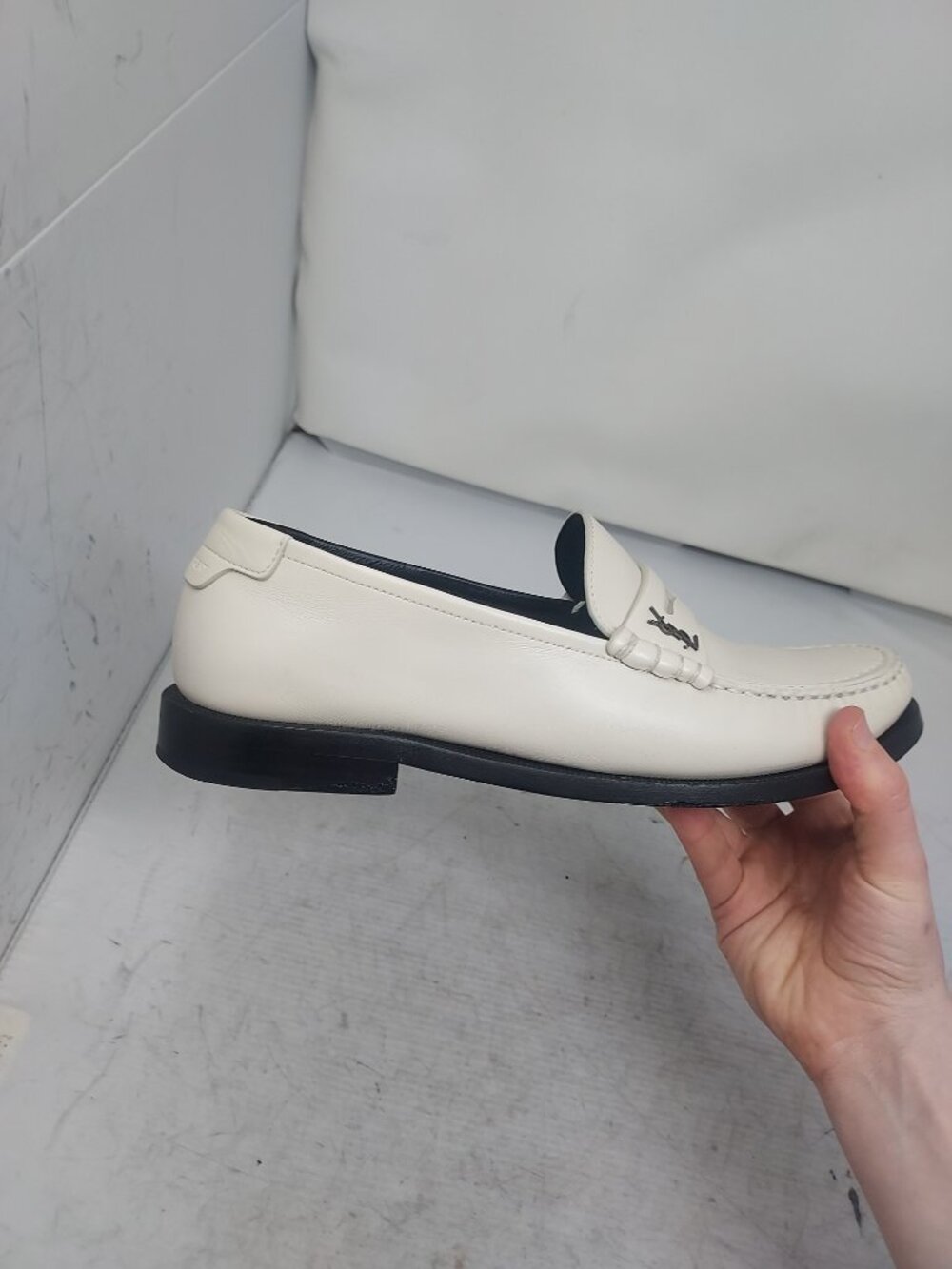 YSL Yves Saint Laurent WOMENS White Monogram Logo Penny Loafer - Picture 10 of 13